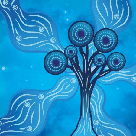 Blue Aboriginal Tree Illustration with Dot Painting and Flowing Branch Design