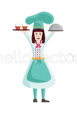 Cartoon woman chef with food - Vector Illustration